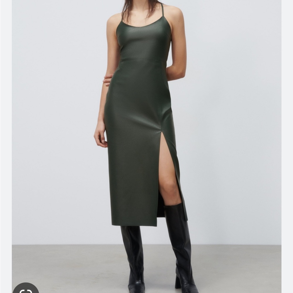 Zara Green Midi Faux Leather Dress Size Small NWT